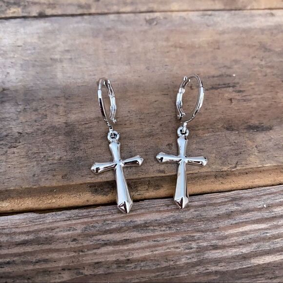 White Gold Cross Huggie Hoop Dangle Earrings 80s Minimalist Religious Punk - Picture 1 of 16